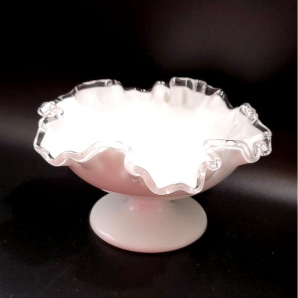VTG Fenton Silver Crest Milk Glass Pedestal Compote Ruffled Clear Crimped Candy - Picture 3 of 6